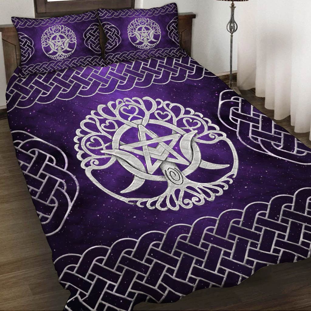 Triple Moon Goddess Pentagram Tree of Life - Witch Quilt Set