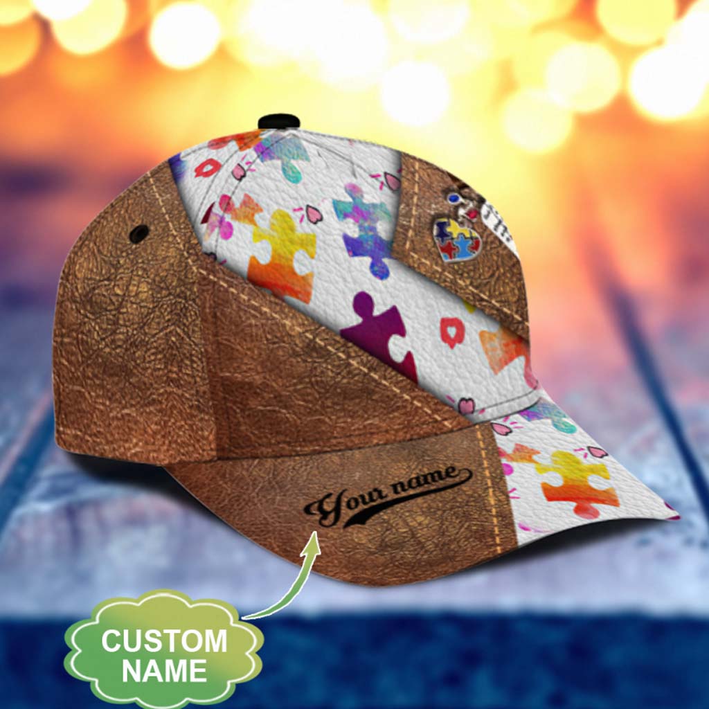 Autism Awareness Personalized Leather Pattern Print Cap With Printed Vent Holes