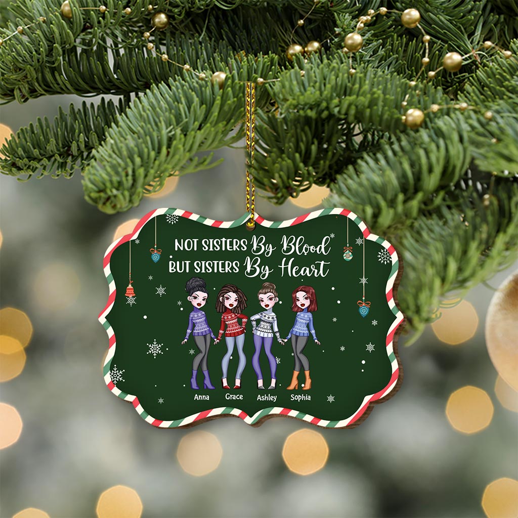 Not Sister By Blood But Sister By Heart - Personalized Christmas Bestie Wooden Card Pop Out Ornament