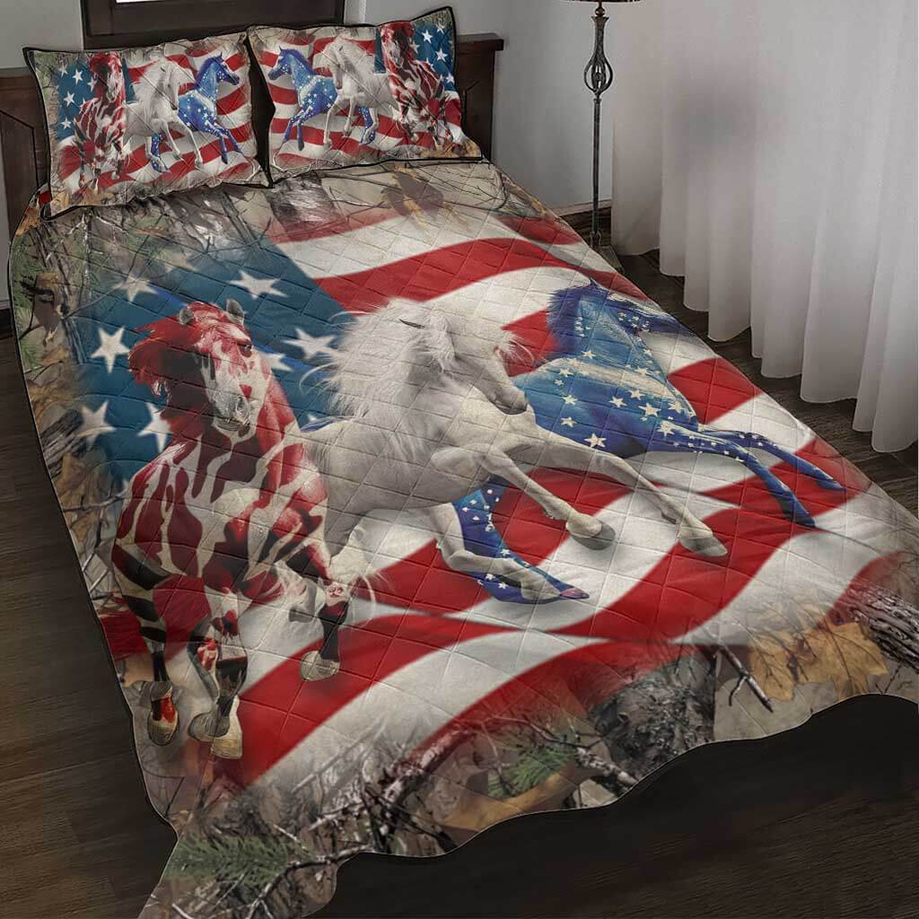 Horse American Flag - Horse Quilt Bed Set