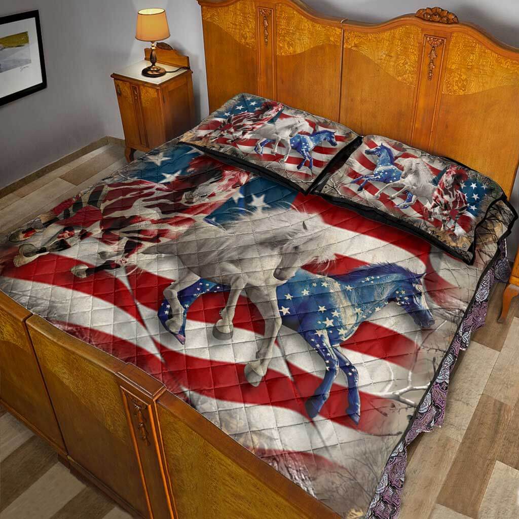 Horse American Flag - Horse Quilt Bed Set