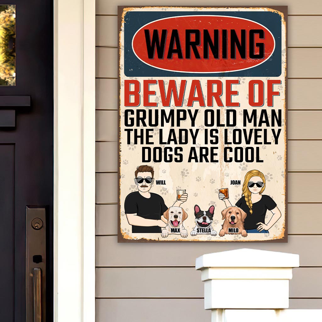 Beware Of Grumpy Old Man Lovely Lady Cool Dogs - Personalized Couple Dog Rectangle Metal Sign