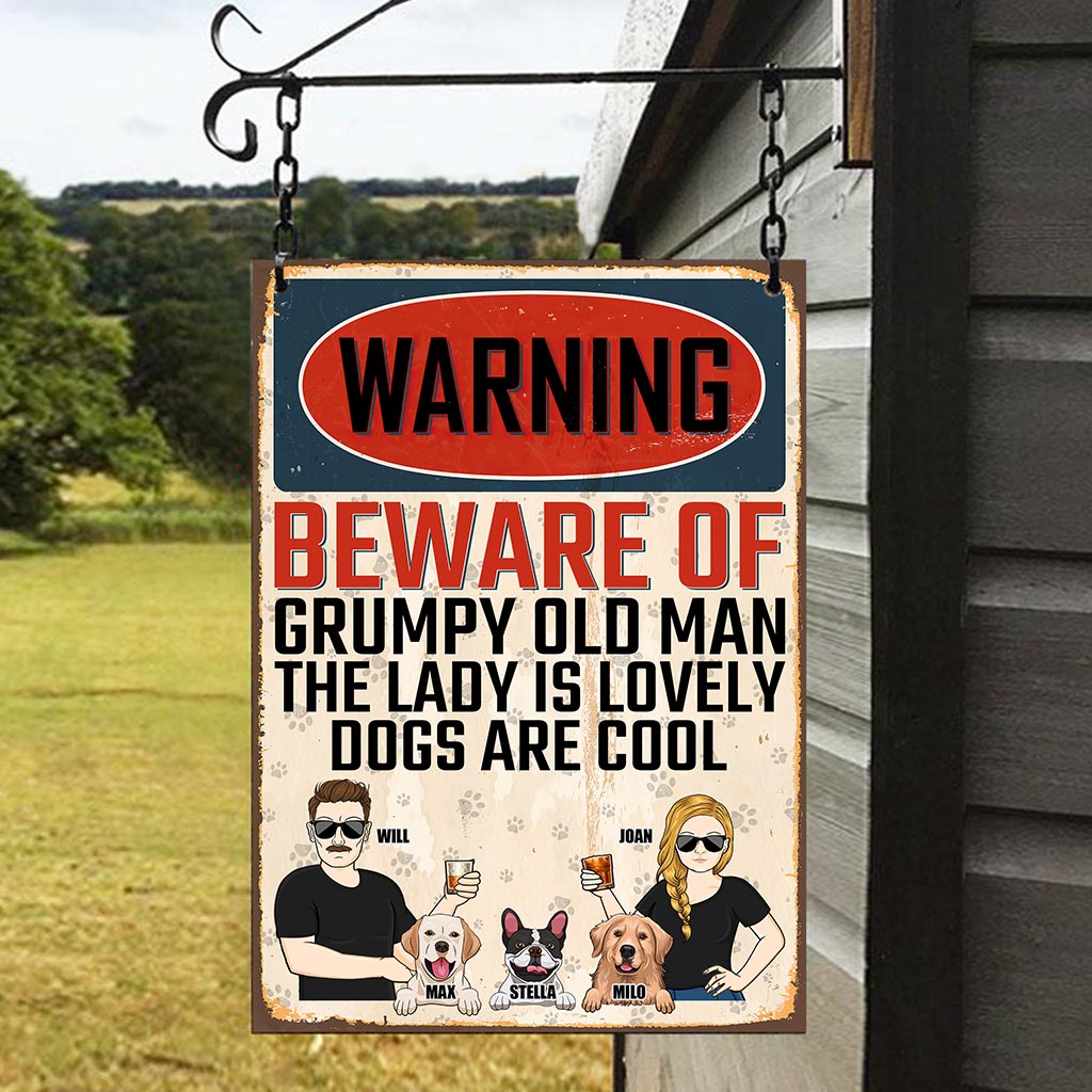 Beware Of Grumpy Old Man Lovely Lady Cool Dogs - Personalized Couple Dog Rectangle Metal Sign