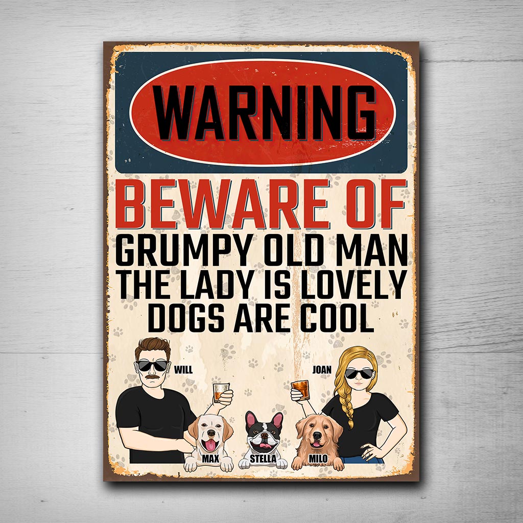 Beware Of Grumpy Old Man Lovely Lady Cool Dogs - Personalized Couple Dog Rectangle Metal Sign