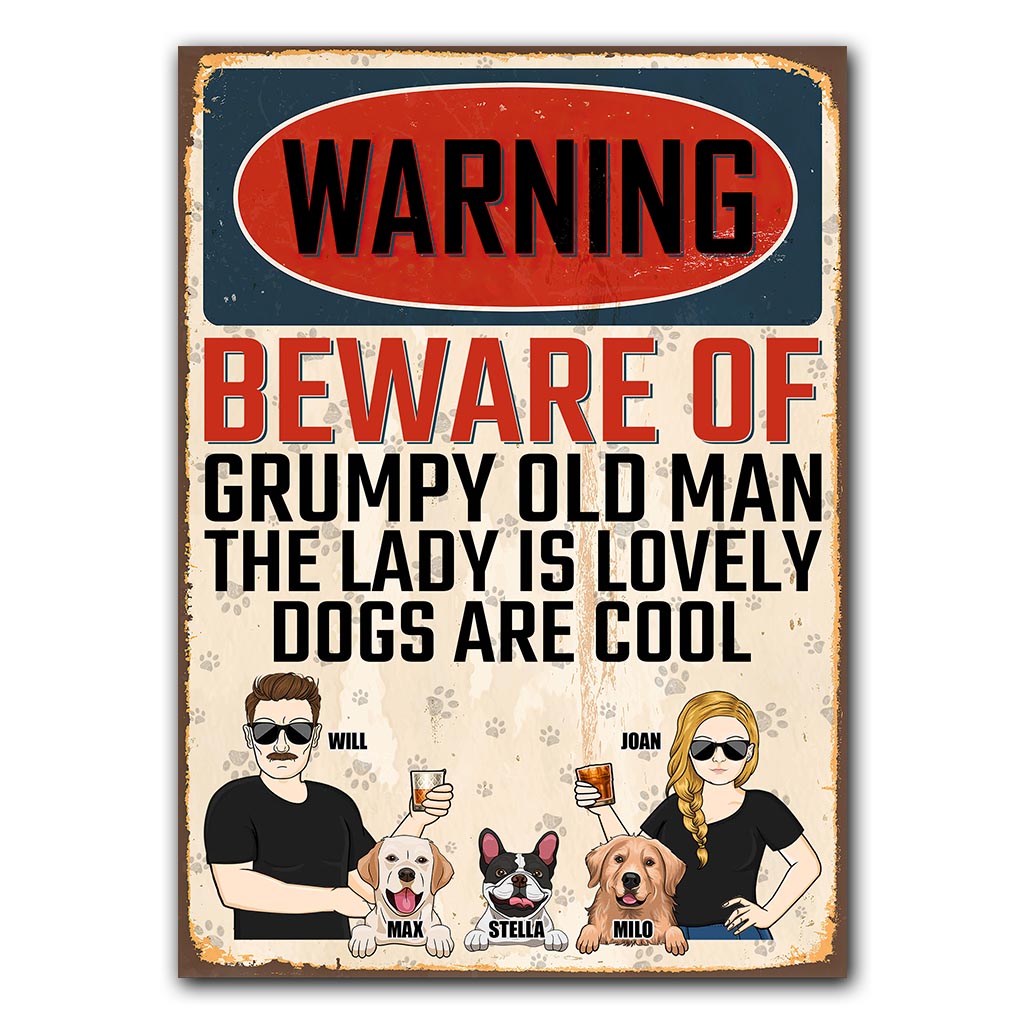 Beware Of Grumpy Old Man Lovely Lady Cool Dogs - Personalized Couple Dog Rectangle Metal Sign