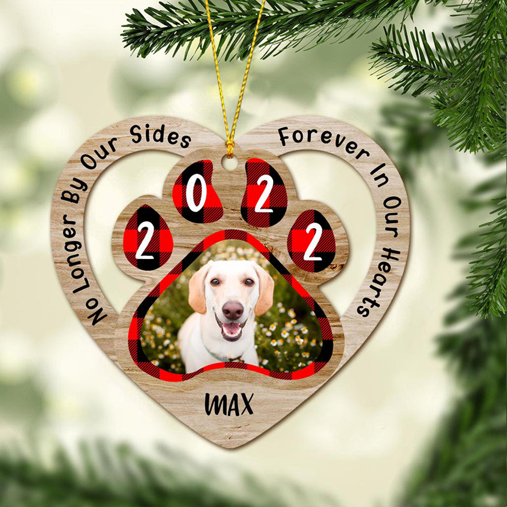 No Longer By Our Sides Forever In Our Hearts - Personalized Christmas Dog Ornament (Printed On Both Sides)