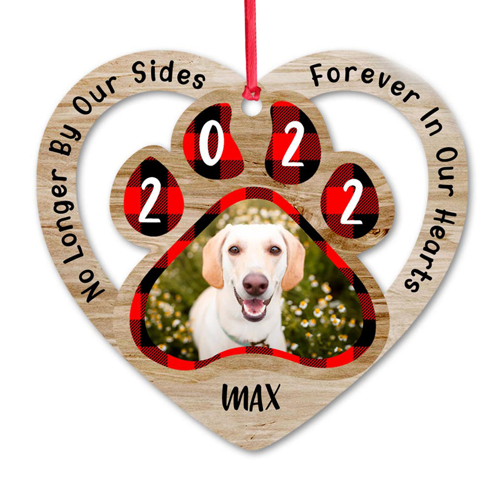 No Longer By Our Sides Forever In Our Hearts - Personalized Christmas Dog Ornament (Printed On Both Sides)