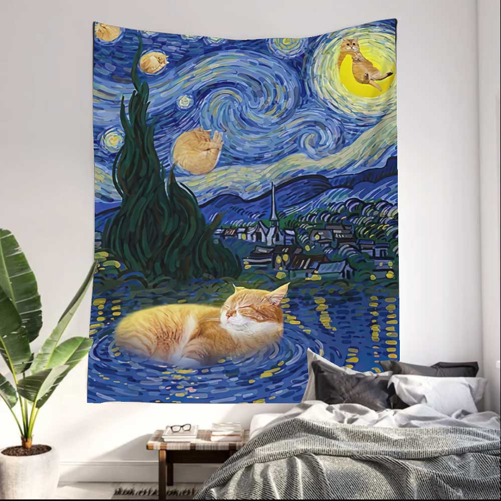 Cute Cats Starry Night - Cat Wall Tapestry