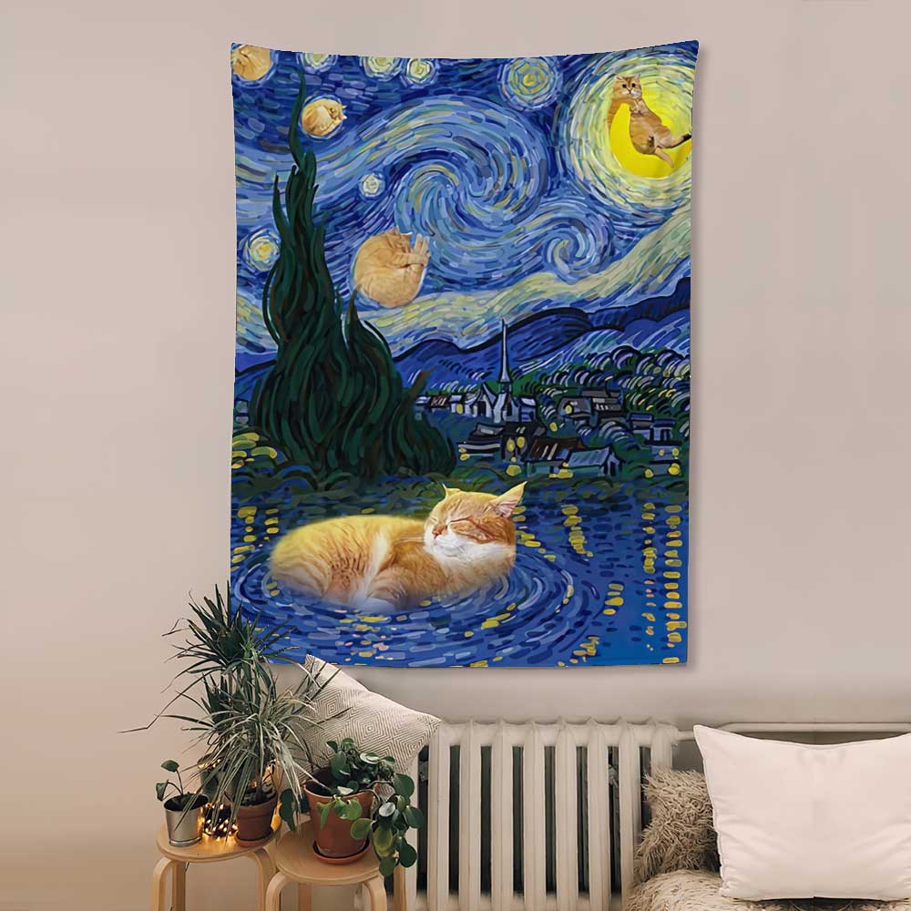 Cute Cats Starry Night - Cat Wall Tapestry