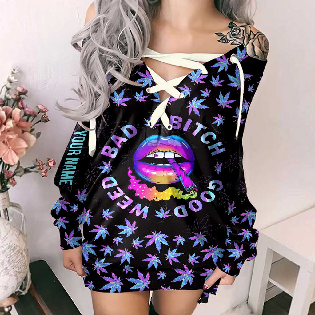 Bad Bitch Good Weed - Personalized Weed Off Shoulder Long Sleeve Dress