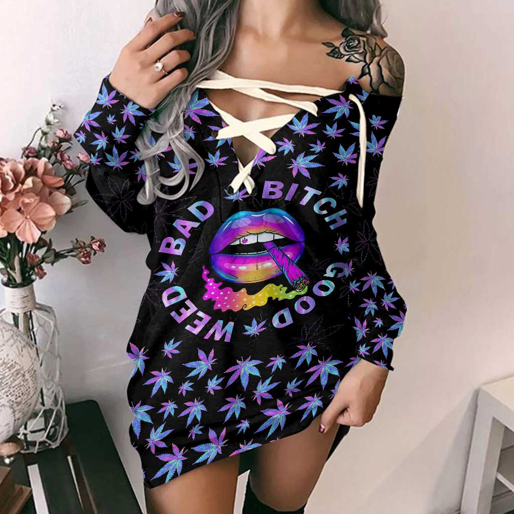 Bad Bitch Good Weed - Personalized Weed Off Shoulder Long Sleeve Dress