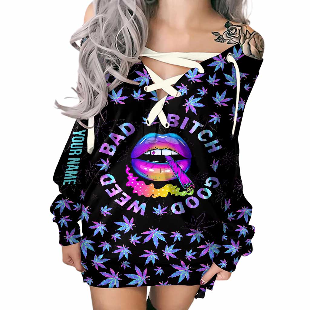 Bad Bitch Good Weed - Personalized Weed Off Shoulder Long Sleeve Dress