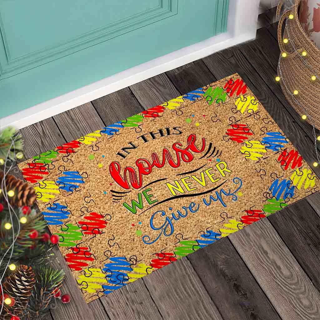 In This House We Never Give Up - Autism Awareness Coir Pattern Print Doormat