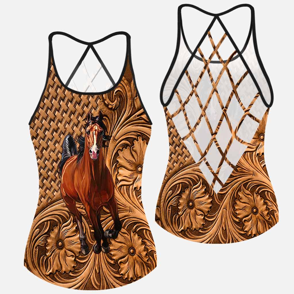 Love Horses Leather Pattern Print Cross Tank Top