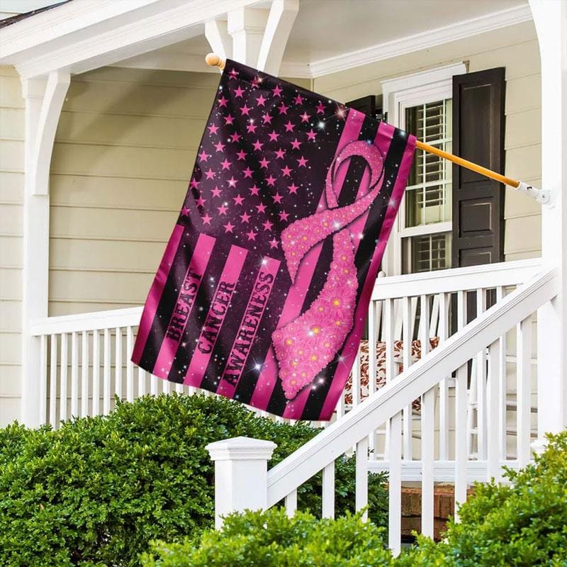 Pink Ribbon American Flag - Breast Cancer Awareness House Flag 0822