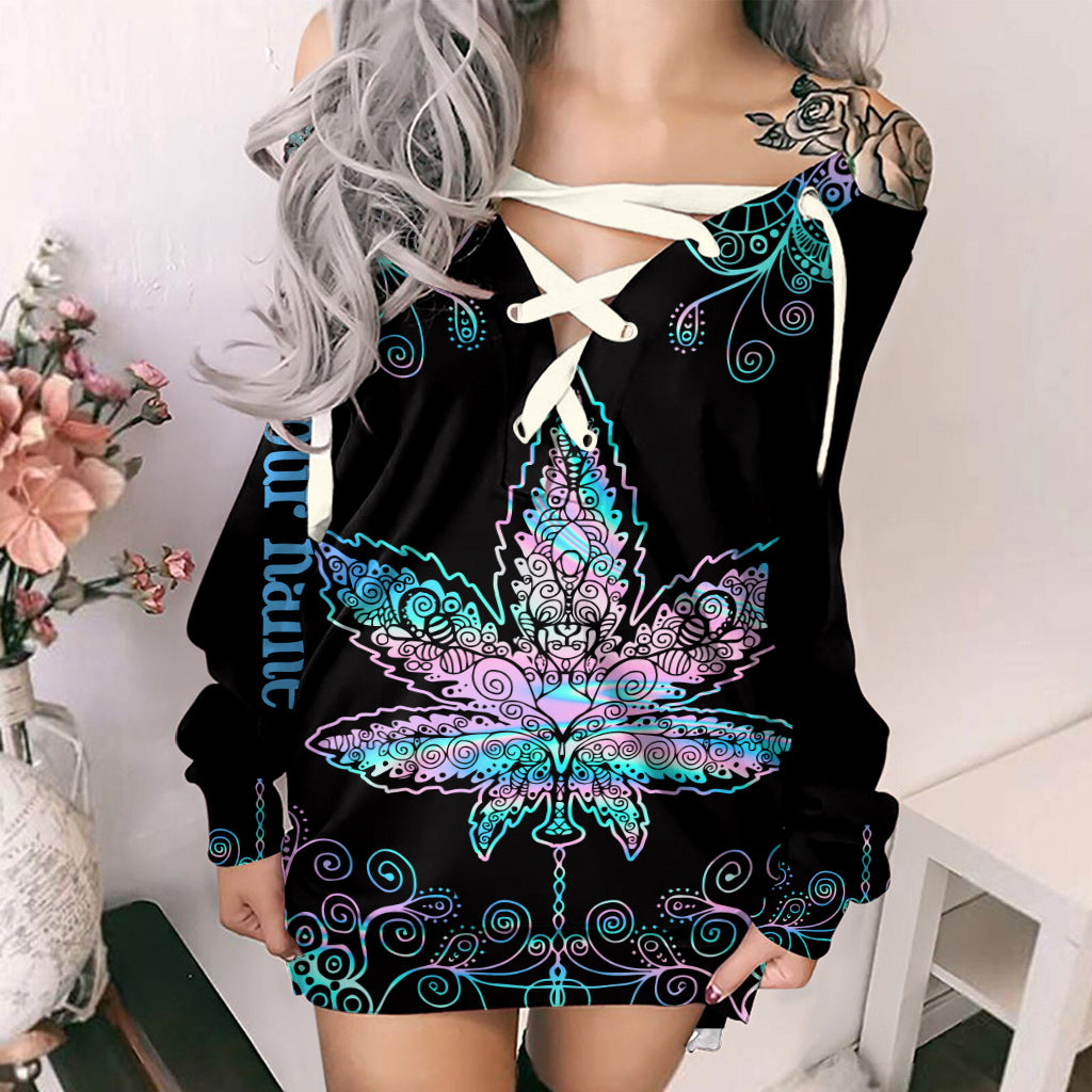 Mandala Holo - Personalized Weed Off Shoulder Long Sleeve Dress