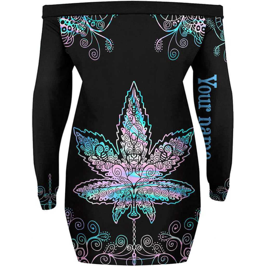 Mandala Holo - Personalized Weed Off Shoulder Long Sleeve Dress