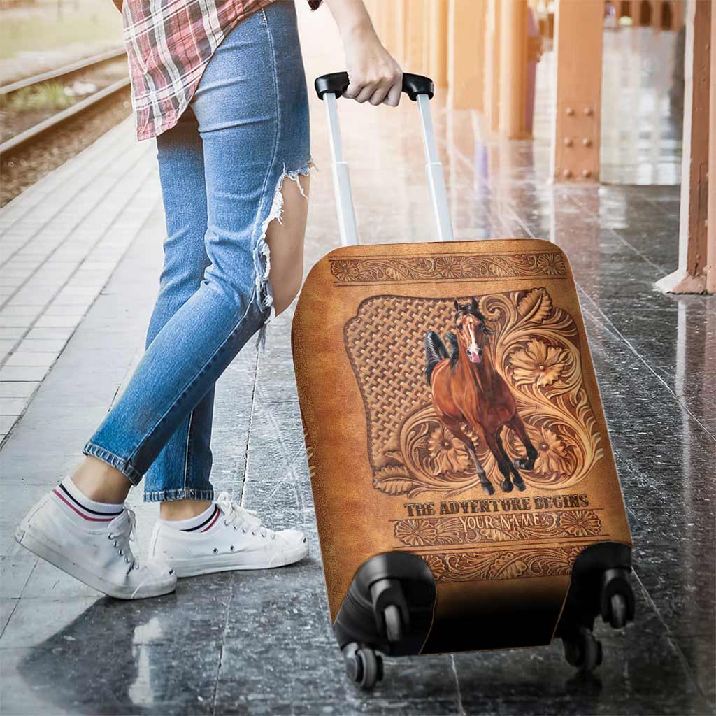 The Adventure Begins - Personalized Horse Luggage Cover With Leather Pattern Print