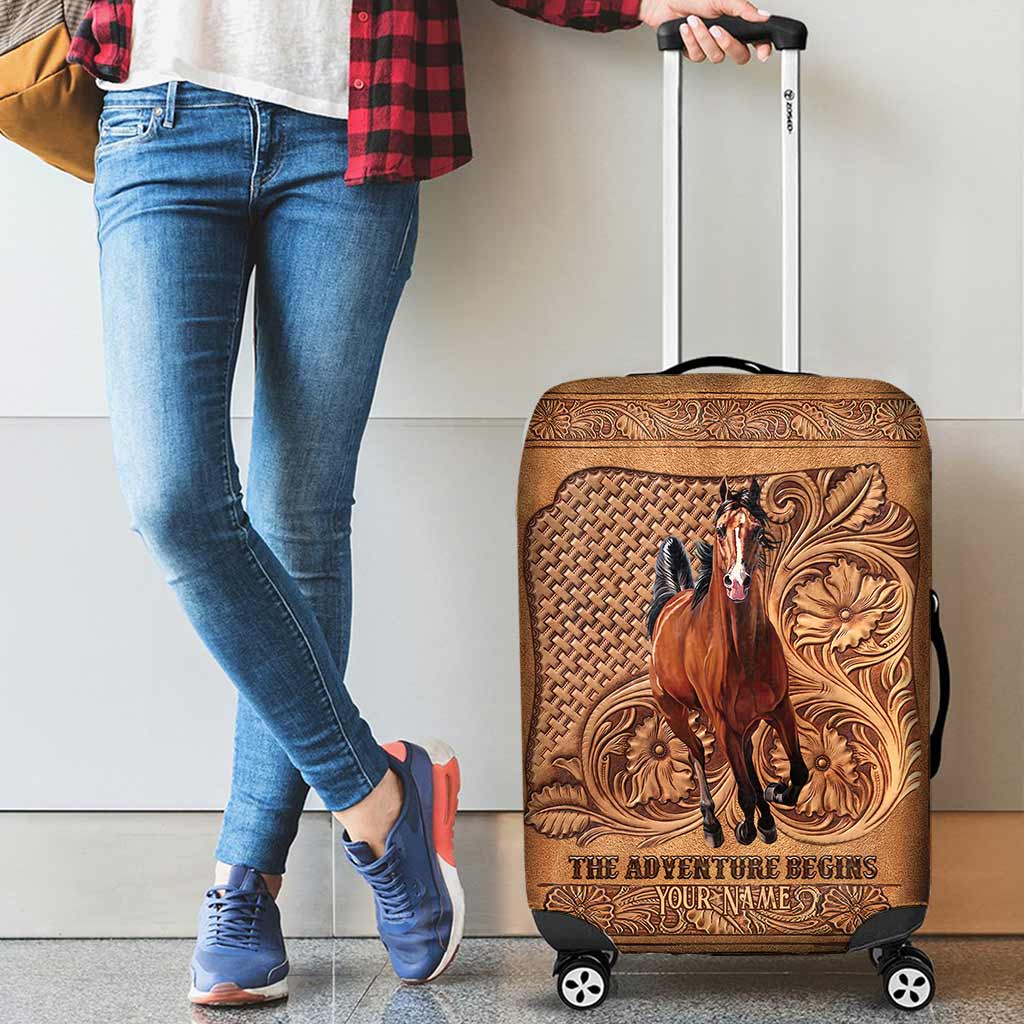 The Adventure Begins - Personalized Horse Luggage Cover With Leather Pattern Print