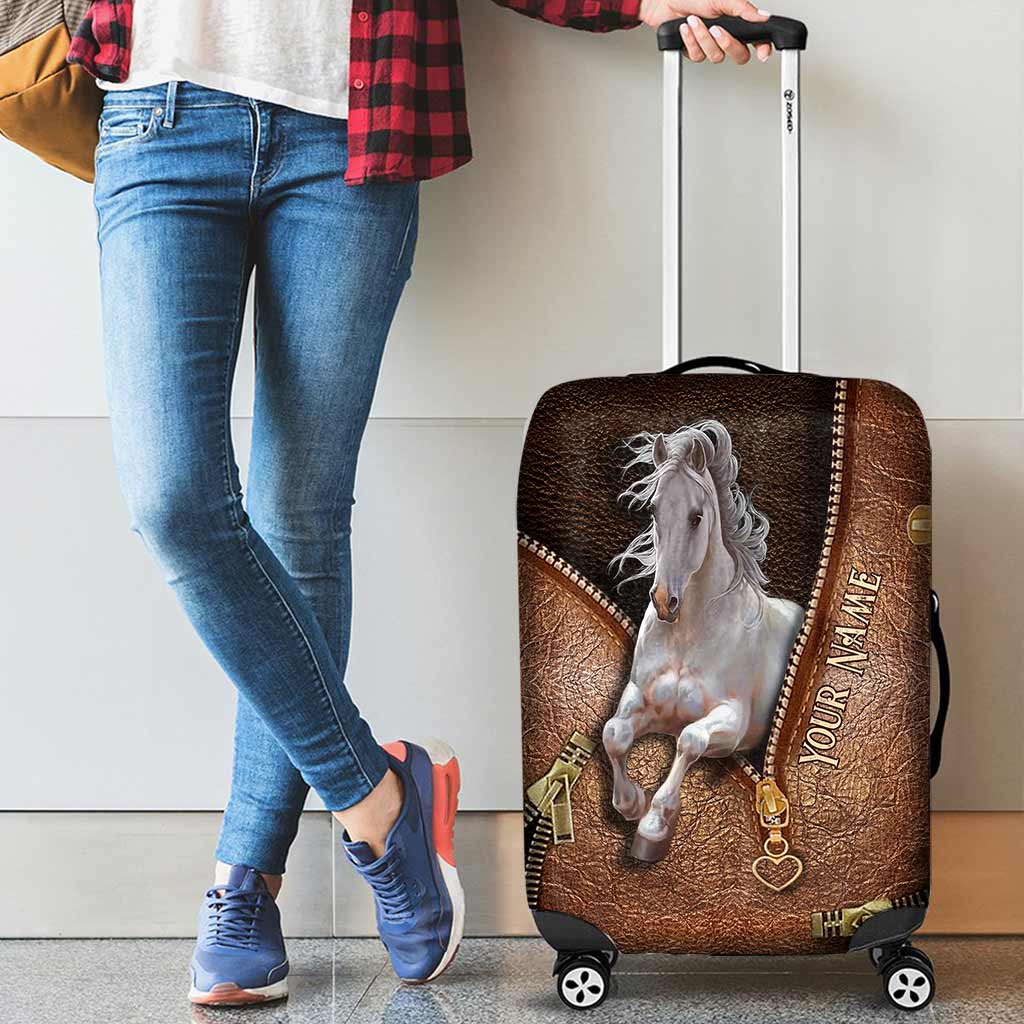 The Adventure Begins - Personalized Horse Luggage Cover With Leather Pattern Print