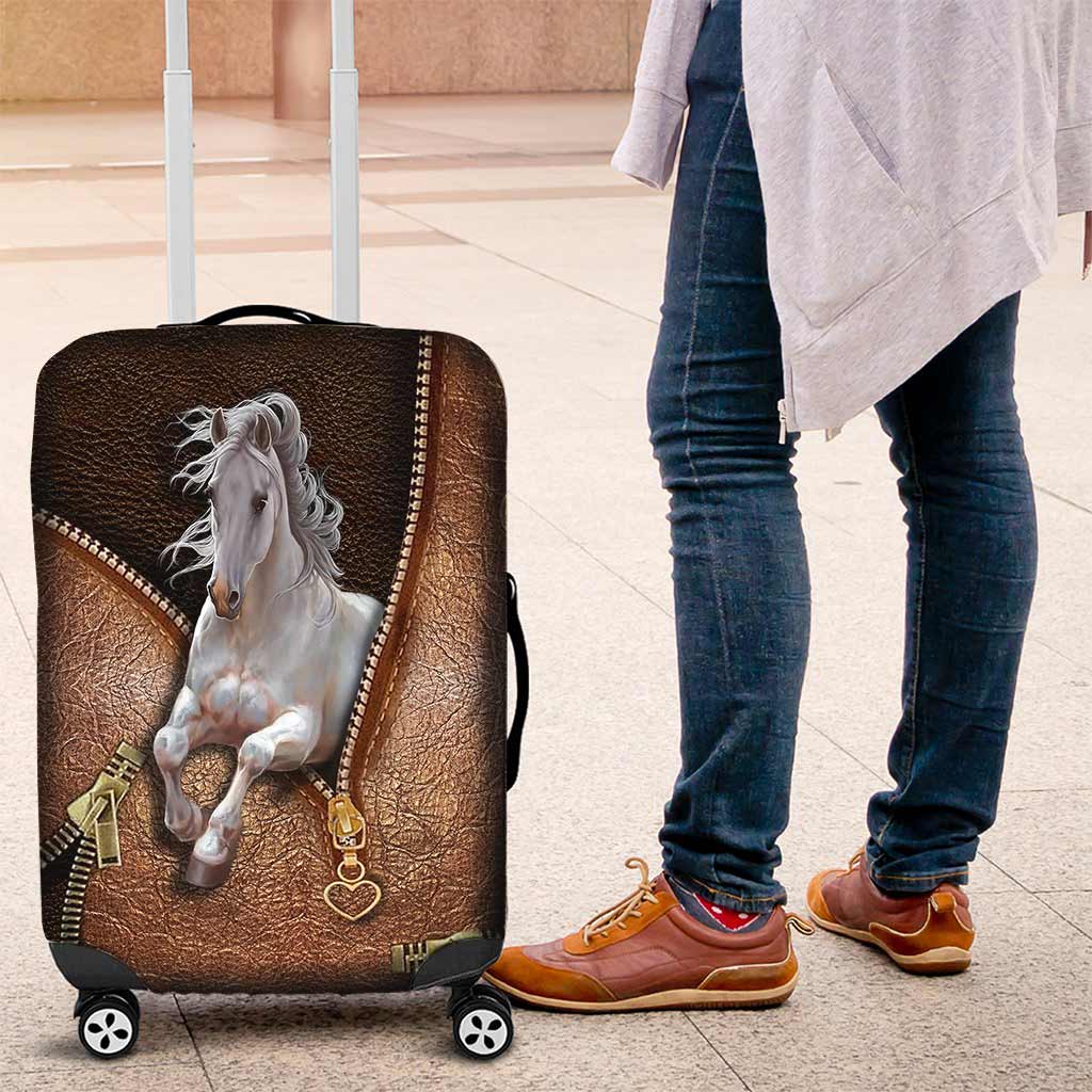 The Adventure Begins - Personalized Horse Luggage Cover With Leather Pattern Print