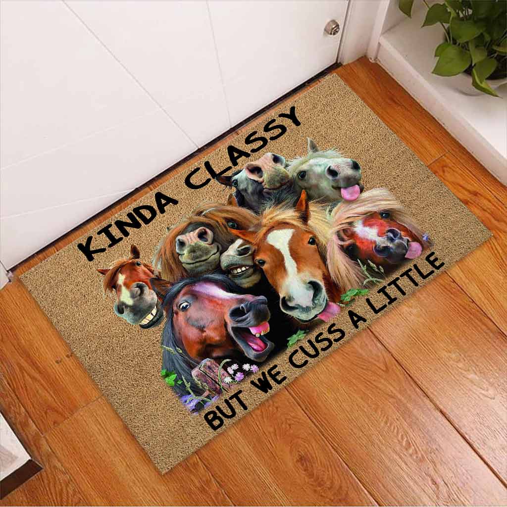 Kinda Classy But We Cuss A Little - Horse Coir Pattern Print Doormat