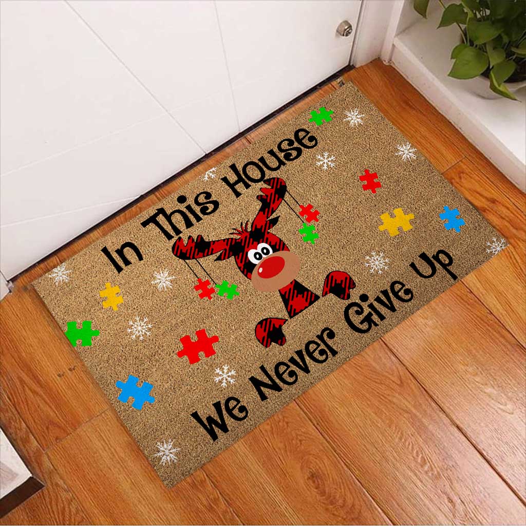 In This House We Never Give Up - Autism Awareness Coir Pattern Print Doormat