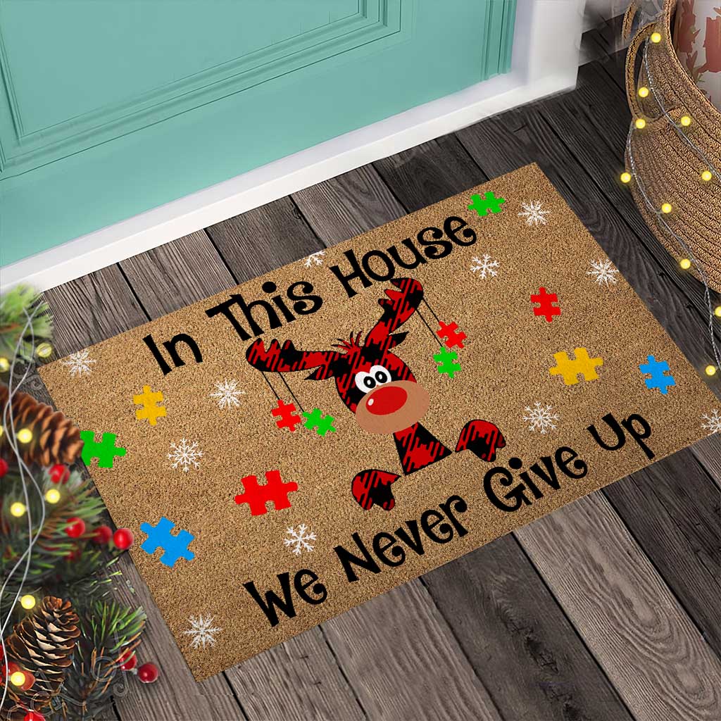 In This House We Never Give Up - Autism Awareness Coir Pattern Print Doormat