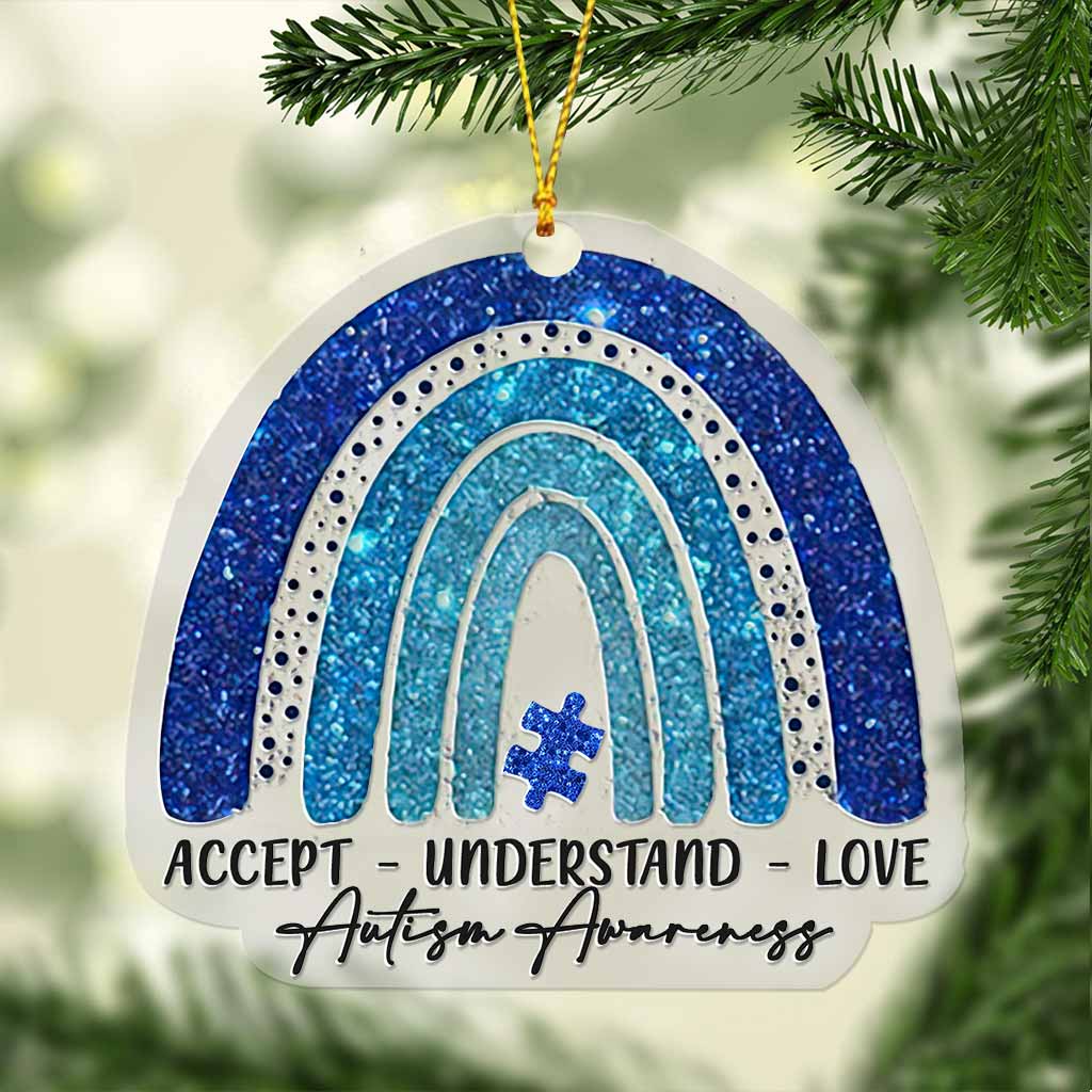 Accept Understand Love Blue Puzzle Rainbow - Christmas Autism Awareness Transparent Ornament With Faux Glitter Pattern Print