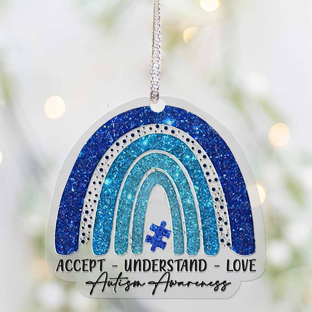 Accept Understand Love Blue Puzzle Rainbow - Christmas Autism Awareness Transparent Ornament With Faux Glitter Pattern Print