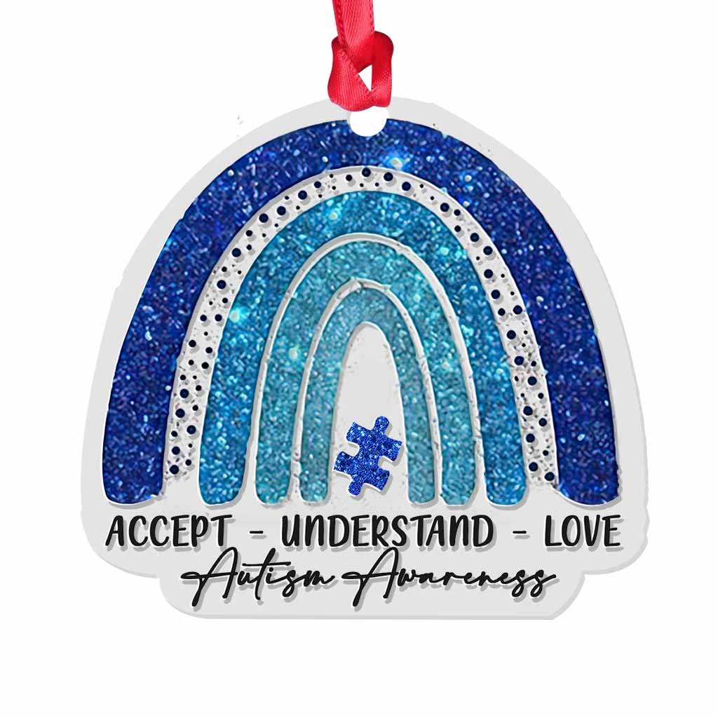 Accept Understand Love Blue Puzzle Rainbow - Christmas Autism Awareness Transparent Ornament With Faux Glitter Pattern Print