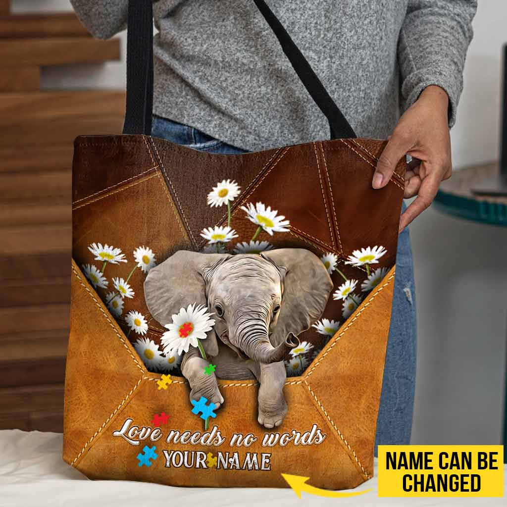 Love Needs No Words Envelope Elephant Daisy - Autism Awareness Personalized Tote Bag
