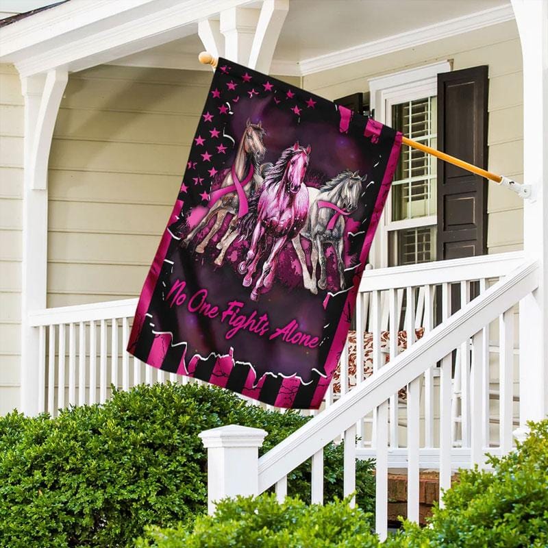 No One Fights Alone Pink Ribbon Horse - Breast Cancer Awareness House Flag 0822
