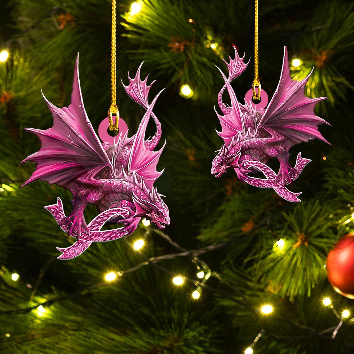 Dragon Breast Cancer Ribbon - Dragon Ornament (Printed On Both Sides) 1022