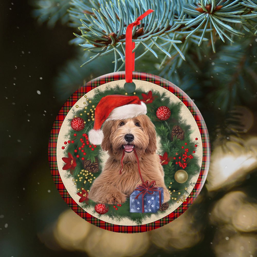 Labradoodle Red Christmas Wreath - Dog Ornament (Printed On Both Sides) 1122