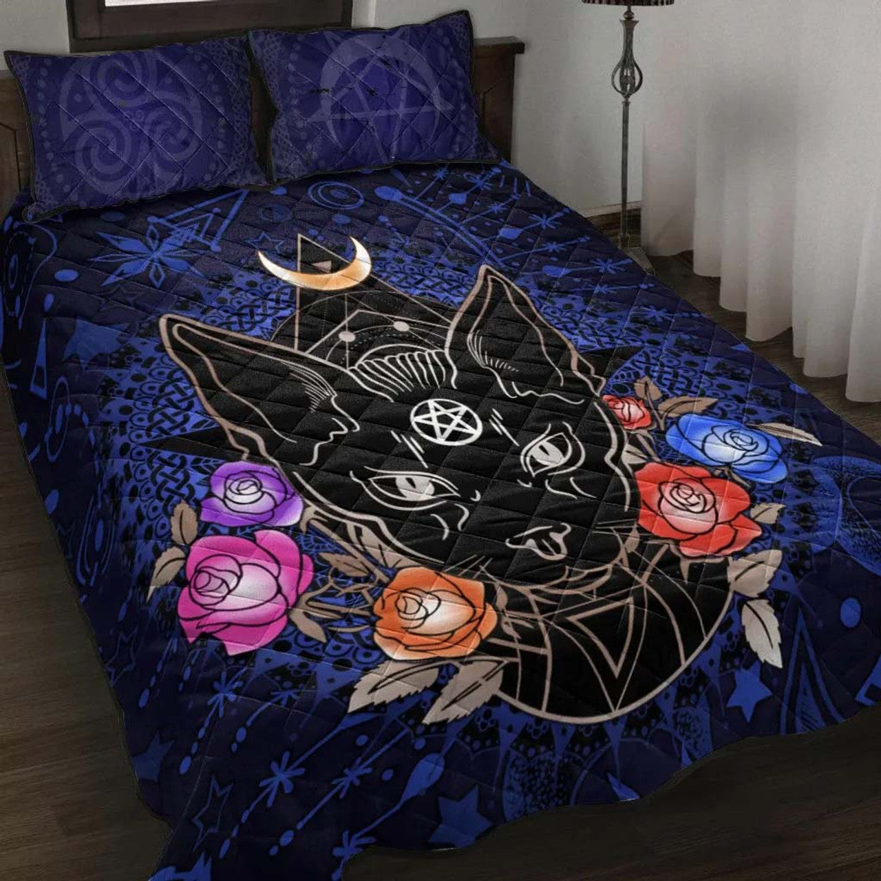 Celtic Wicca Occult Cat Wicca Symbol -  Witch Quilt Set 0822