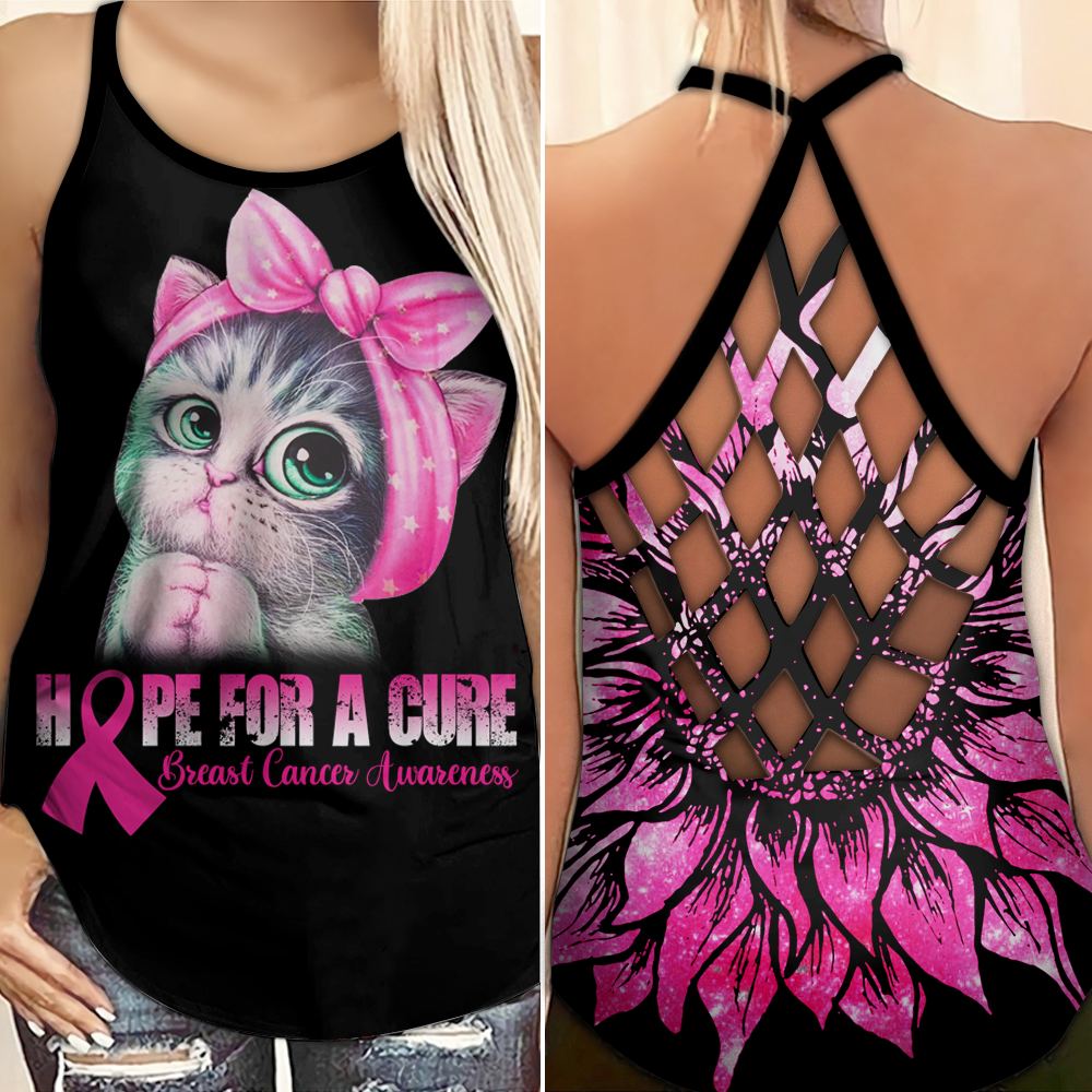 Hope For A Cure Cat - Breast Cancer Awareness Cross Tank Top 0722