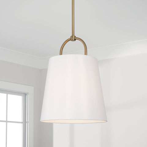 A curved rod, shaded pendant light.