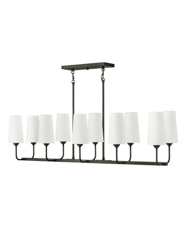 A black, shaded ten light linear chandelier.