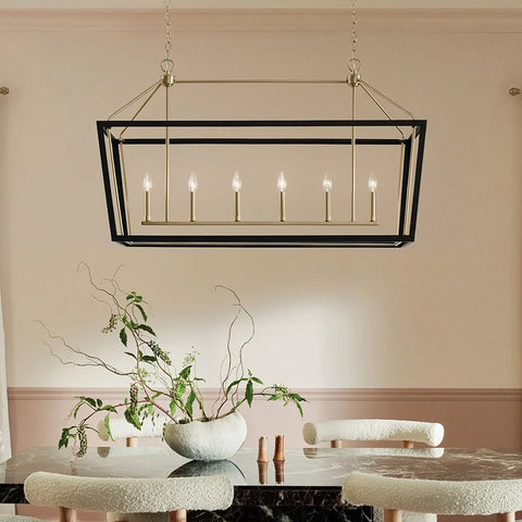 linear lantern hanging over a table