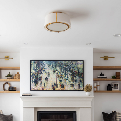 Drum shade flush mount hanging in a living room