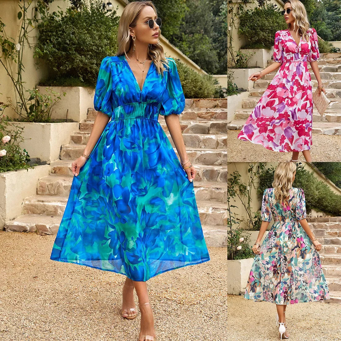 V-neck Long Chiffon Lined Dress eprolo