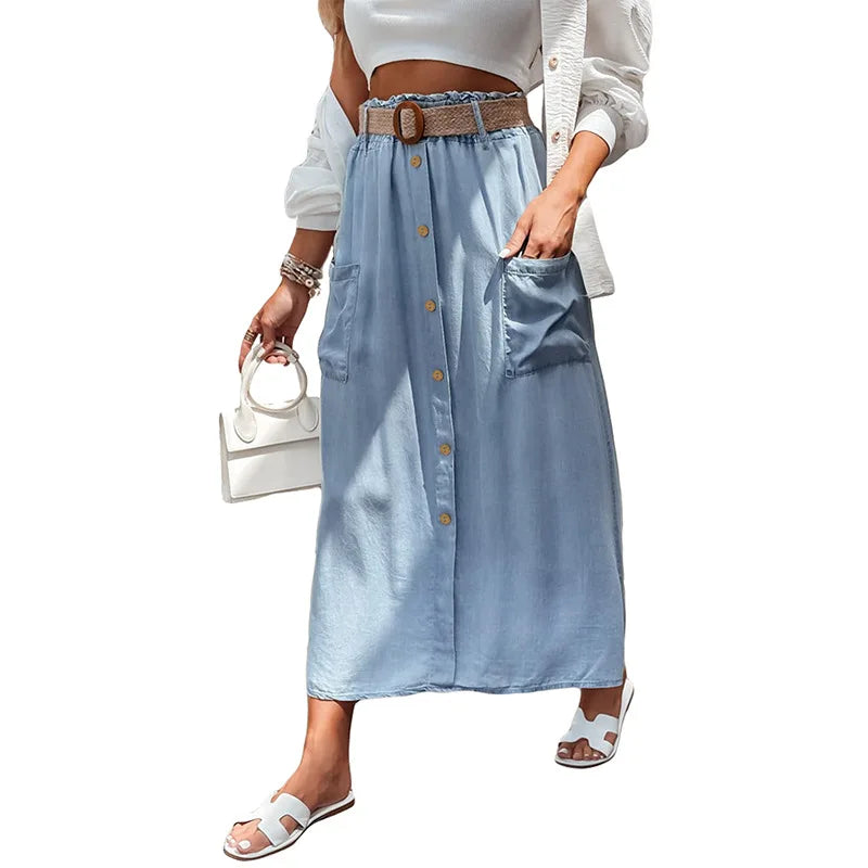 Denim Blue Skirt Button Down Lyocell Maxi Skirts - Blue / XL