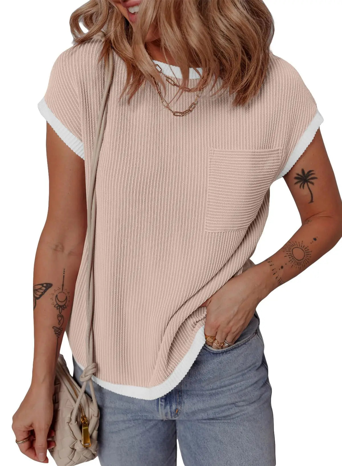 Cap Sleeve Tee Rib Effect - APRICOT / XXL
