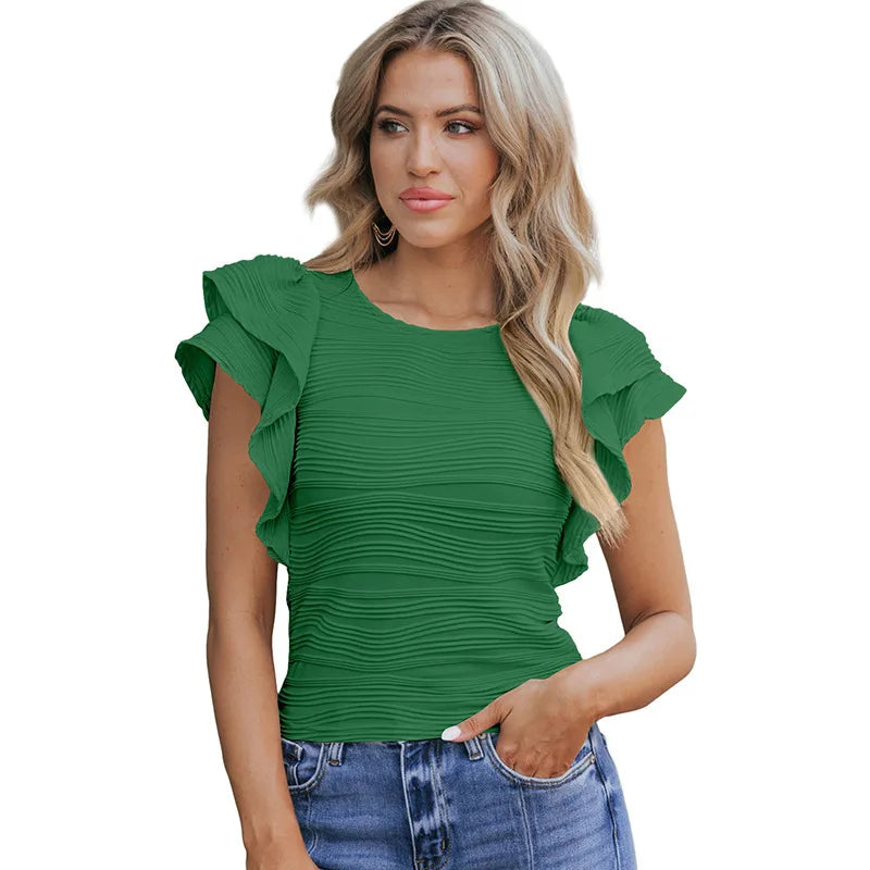 T-shirts Slim Short-sleeved Ruffled Textured Tee - green / M