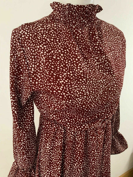 SHEIN Mock Neck All Over Print High Waist Ditsy Print Dress Burgundy Size XS 6 8 1