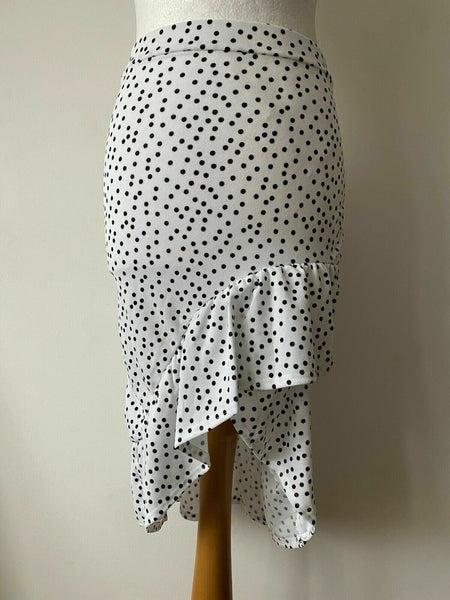 PrettyLittleThing White Asymmetrical Frill MIDI Skirt Size 8 Polka Dot 0