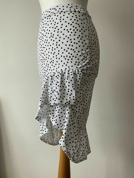 PrettyLittleThing White Asymmetrical Frill MIDI Skirt Size 8 Polka Dot 2