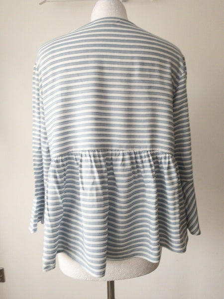 Blue and White Striped Tie Front Plunge V-Check Peplum Top Size 12 3