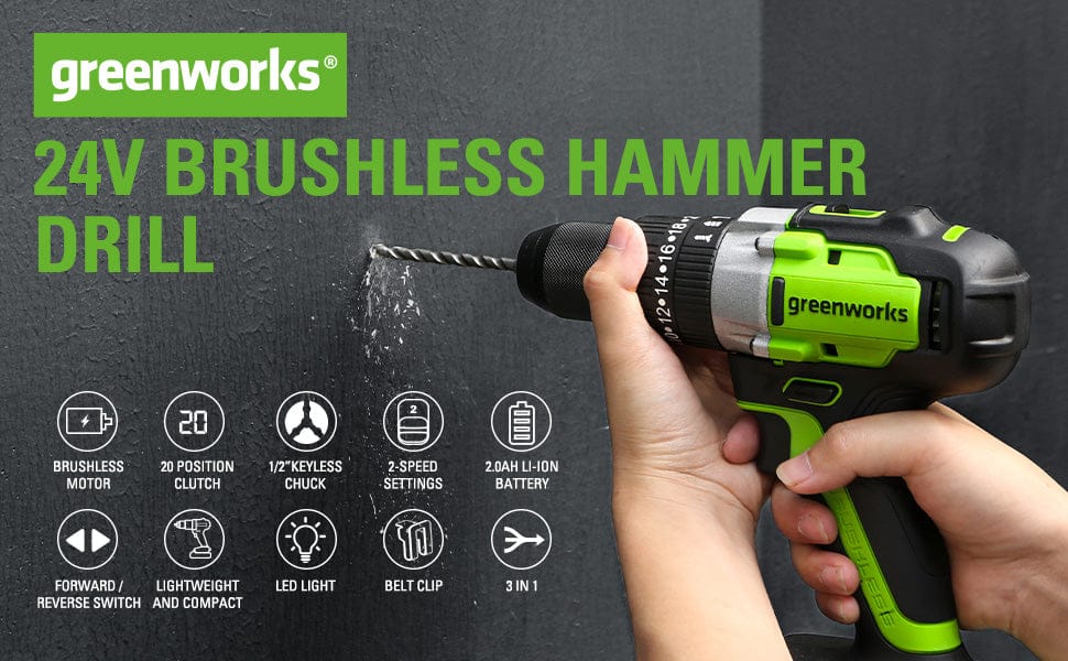Greenworks 24V Brushless Cordless Hammer Drill with (1)